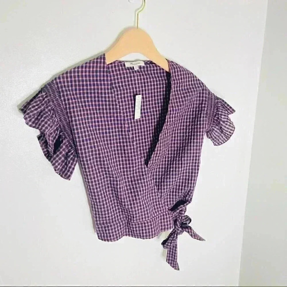 NWT Madewell Flutter Sleeve Side Tie Wrap Top Plaid - Picture 8 of 8